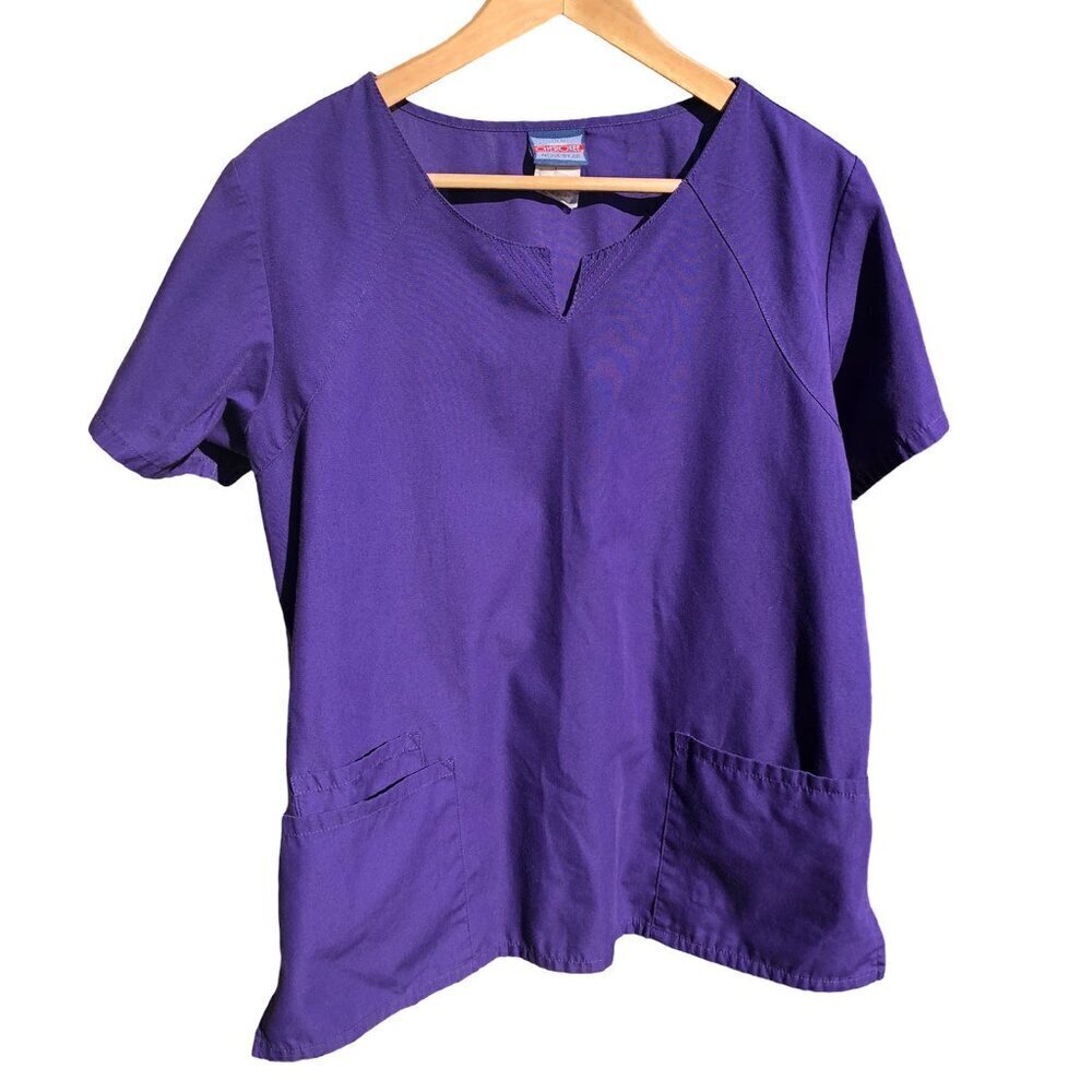 CHEROKEE Purple Scrubs Top  V-Neck Pockets Gathered Back Short Sleeve Women's L
